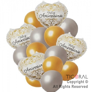 SET DE GLOBOS METALIZADOS FELIZ ANIVERSARIO ORO Y PLATA x 16 UNIDADES